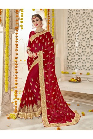 Red Faux  Georgette  Embroidered  Traditional  Saree 5905